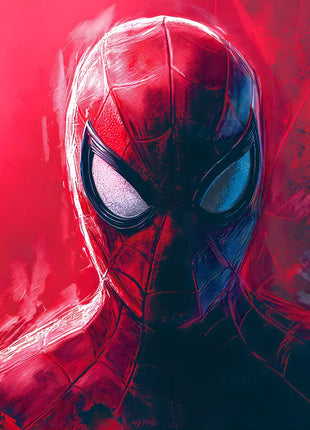 Spider-Man Scarlet Signal original artwork with pale eye lenses and detailed webbing against crimson and navy.