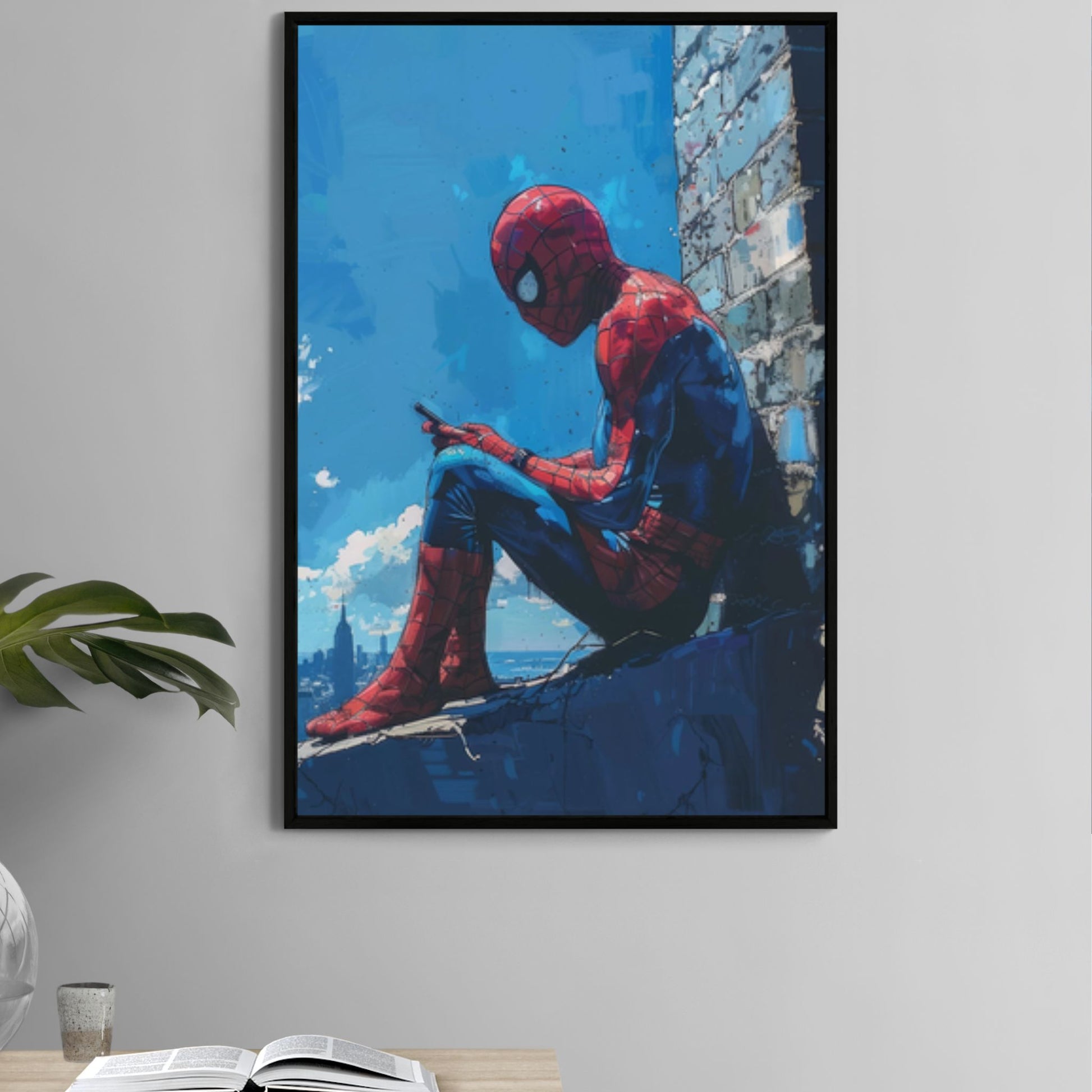 Close-up view of Spidey Peaceful Skylight Wall Art showcasing vibrant colors and Spiderman texting details
