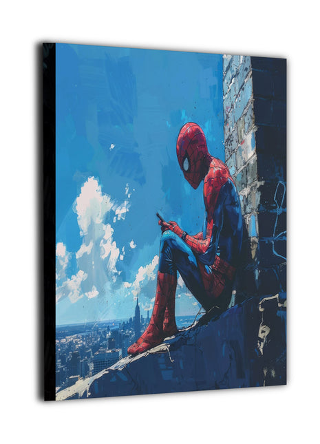 Spidey Peaceful Skylight Wall Art on premium canvas, acrylic, and metal – front view featuring Spiderman texting on a rooftop