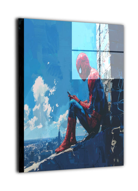 Spidey Peaceful Skylight Wall Art on premium canvas, acrylic, and metal – front view featuring Spiderman texting on a rooftop