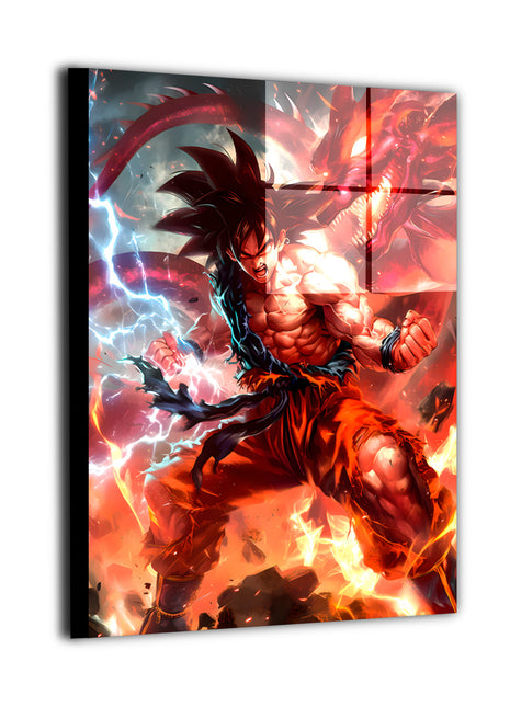 Metal wall art featuring Goku in a powerful anime illustration, intense lighting, crackling energy effects, and iconic martial artist presence.