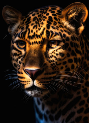 Golden spotted big cat in three-quarter view looking left with warm facial highlights against black.