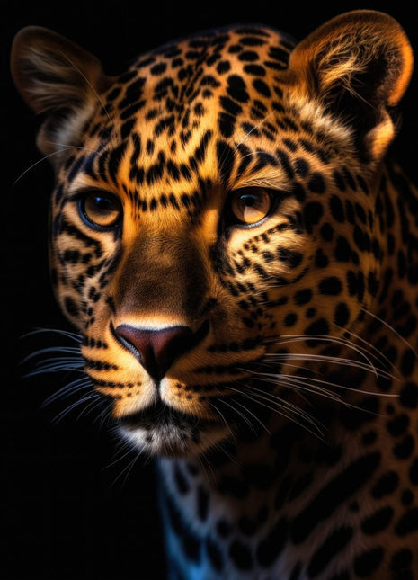 Golden spotted big cat in three-quarter view looking left with warm facial highlights against black.