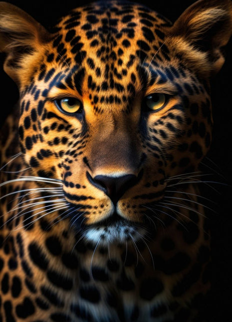 Front-facing golden spotted big cat with bright eyes, dark rosettes and long pale whiskers against black.