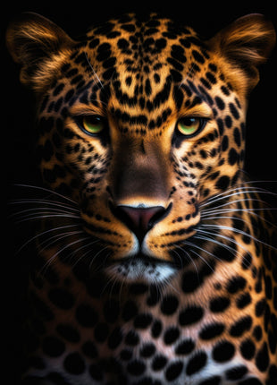 Golden spotted big cat facing forward with green eyes, dense dark rosettes and cool muzzle shadows on black.