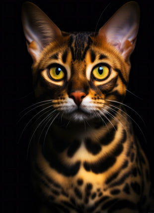 Golden-brown spotted cat with large golden eyes, tall ears and dark rosette markings.