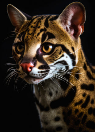 Spotted wild cat looking left with large ears, golden eyes, a pink nose and white muzzle against black.