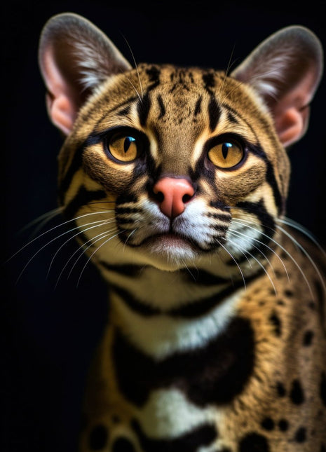 Spotted wild cat with large golden eyes, upright ears and a slightly raised face against black.