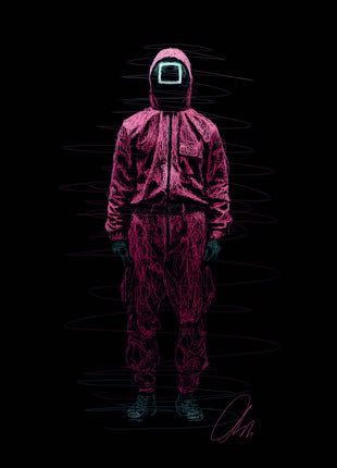 Squid Game guard in a pink hooded jumpsuit with a white square on a black mask, drawn on black.