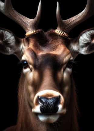 Close stag portrait with thick antler bases, brown forehead and a bright white muzzle against black.