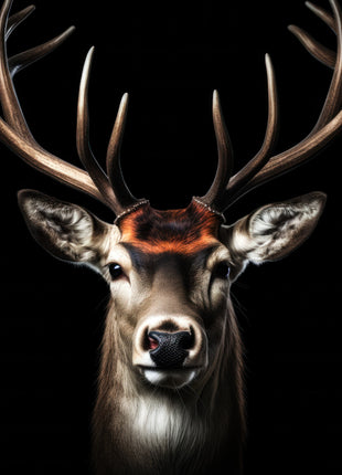 Stag facing forward with widely spread antlers, copper forehead and pale throat against black.