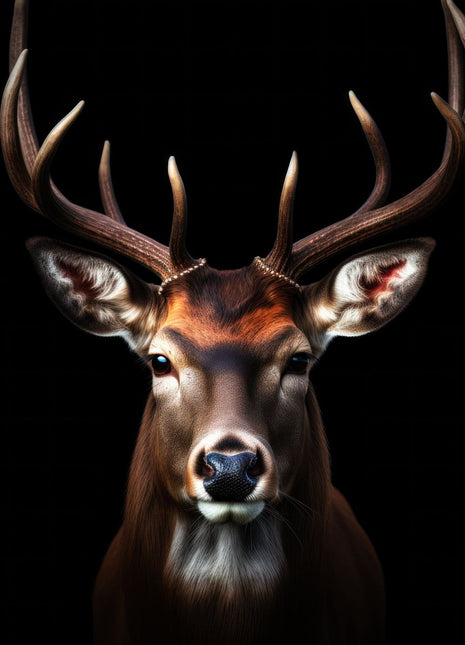 Front-facing brown stag with tall antlers, pale inner ears and a narrow white throat patch on black.