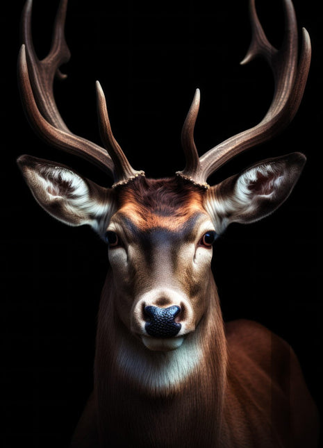 Brown stag with tall upward-sweeping antlers and a small white throat patch on black.