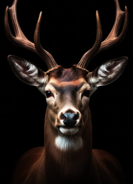 Brown stag facing forward with wide branching antlers and a white throat patch on black.