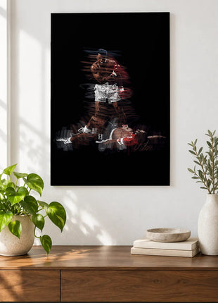 Standing Above the Count acrylic wall art displayed above a wooden console with plants and books against a white wall.