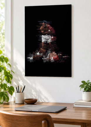 Standing Above the Count acrylic wall art displayed above a wooden desk with a laptop, plants and books against a white wall.