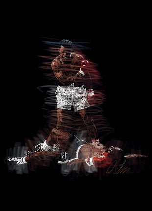 Boxing scene with a white-shorted boxer standing over a fallen red-gloved opponent against black.