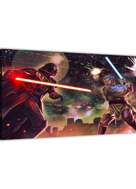 Canvas—cosmic lightsaber clash with dramatic glow effects; artwork by Ryan Pasibe.