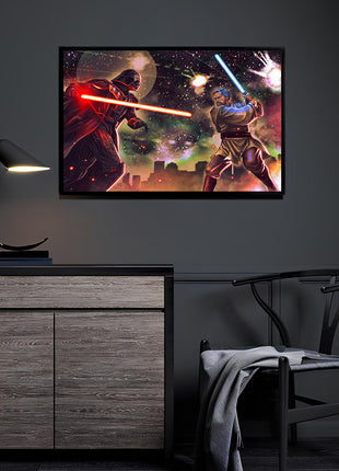 Star-Wars–inspired Jedi vs Sith duel—blue and red sabers amid starry sky; art by Ryan Pasibe.