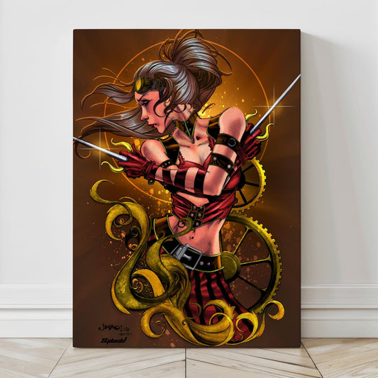 “Steampunk Elektra Wall Art – Iron Vow in brass armor and red sash, on canvas, acrylic, or metal.”