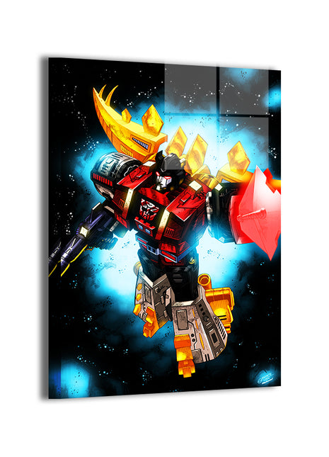 Steel Mauler Metal Print — red, gold, and steel mech hero, artwork by Geebo Vigonte with Splash Colors; modern sheen, ready to hang.

