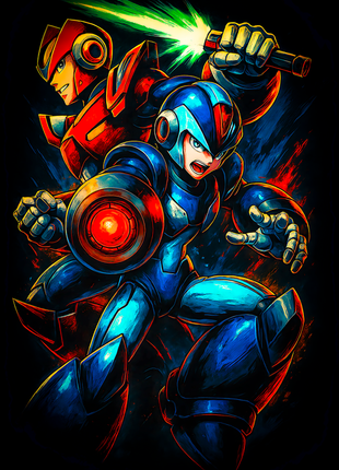 Mega Man and Rush in a dynamic battle pose wall art