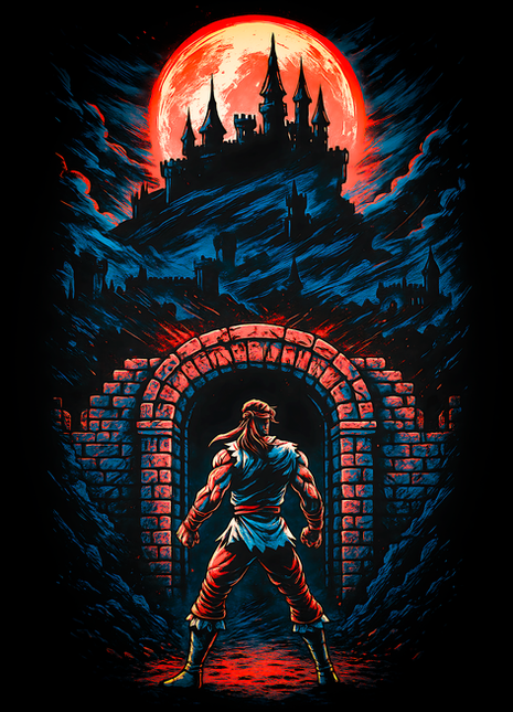 Castlevania hero before a moonlit castle wall art