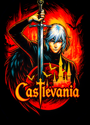 Alucard raising his sword against a fiery red backdrop wall art
