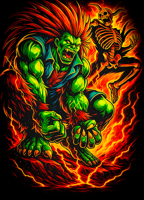 Blanka crouched amid electric energy Street Fighter wall art