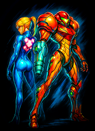 Samus Aran and Metroid figures wall art