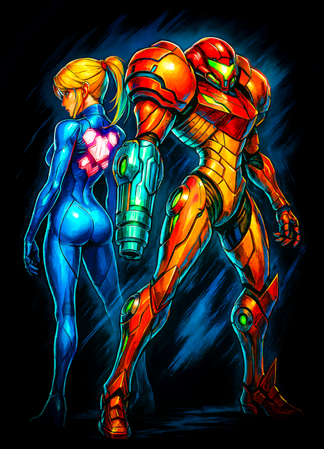 Samus Aran and Metroid figures wall art