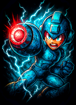 Mega Man firing his arm cannon amid lightning wall art
