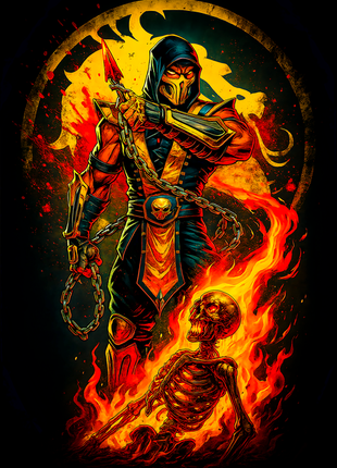Scorpion surrounded by hellfire Mortal Kombat wall art