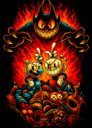Cuphead and Mugman facing the Devil wall art