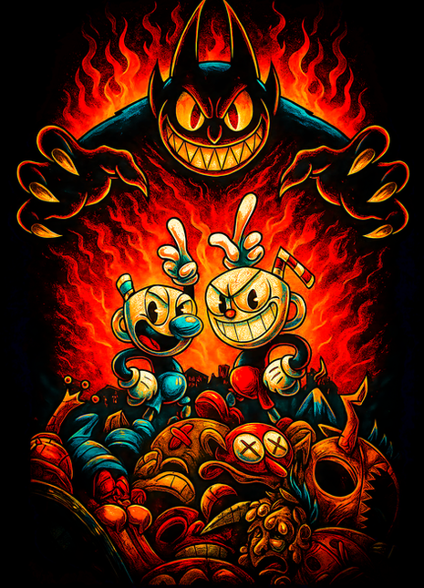 Cuphead and Mugman facing the Devil wall art