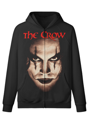 Full front view of The Crow Intense Gaze black zip-up hoodie, showing the large Eric Draven portrait extending down to the split front pocket.