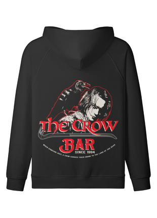 Alternate back view of The Crow Bar black zip-up hoodie with the hood lowered above the character graphic and red lettering.