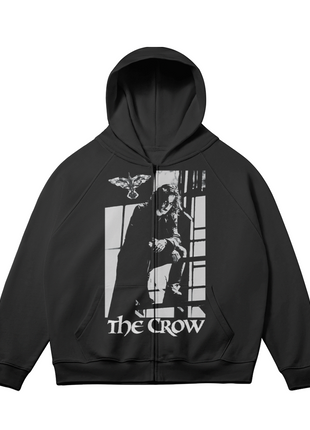 Alternate front view of the black The Crow Window Shadows zip-up hoodie, with the black-and-white Eric Draven window scene and white title lettering and sleeves angled outward.