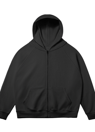Alternate plain front view of The Crow Got Your Back black zip-up hoodie with an open hood and sleeves angled outward.