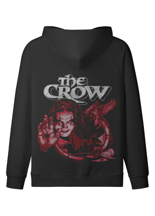 Back of The Crow Raised Hand black hoodie with Eric Draven's raised palm, the red crow and gray lettering beneath the lowered hood.