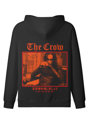 Back of the black The Crow Crimson Room hoodie with the red-orange seated Eric Draven scene and gothic title lettering beneath the lowered hood.