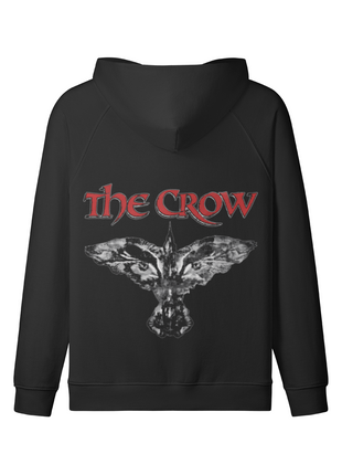 Back of the black The Crow Winged Eyes hoodie with the white-gray winged crow-and-eyes emblem and red title lettering beneath the lowered hood.