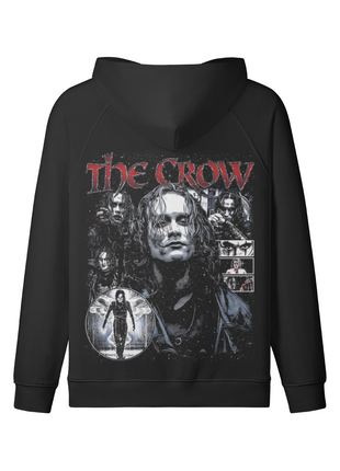 Back of the black The Crow Eric Draven Collage hoodie with the Eric Draven portrait collage and distressed red title lettering beneath the lowered hood.