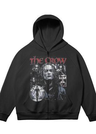 Alternate front view of the black The Crow Eric Draven Collage zip-up hoodie, with the Eric Draven portrait collage and distressed red title lettering and sleeves angled outward.