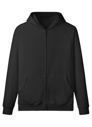 Black zip-up hoodie variant front view showing the plain chest, zipper and split kangaroo pocket.