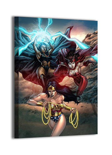 Triumphant Alliance wall art with Ororo Munroe, Wanda Maximoff and Diana Prince using their powers