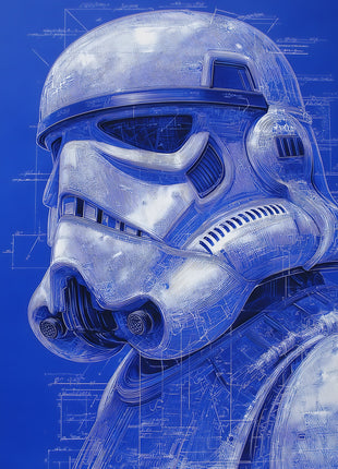 Stormtrooper Imperial Blueprints original artwork: shows a large stormtrooper helmet rendered in white and pale blue over a royal-blue field.