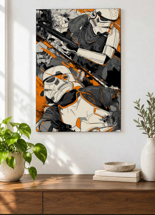 Stormtroopers Orange Crossfire acrylic wall art displayed above a wooden console with plants and books against a white wall.
