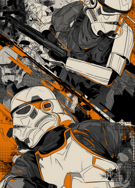 Stormtroopers Orange Crossfire original artwork: layers two prominent stormtroopers across orange, cream and black graphic panels.