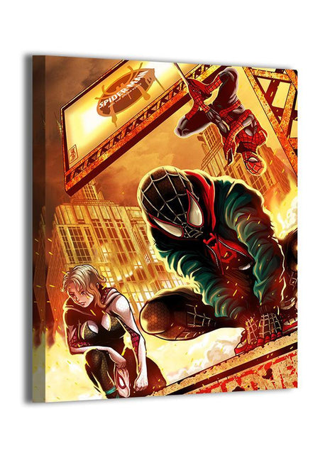 Streets on Fire wall art featuring Miles Morales, Spider-Gwen, and the Spider-Gang — alternate artwork view